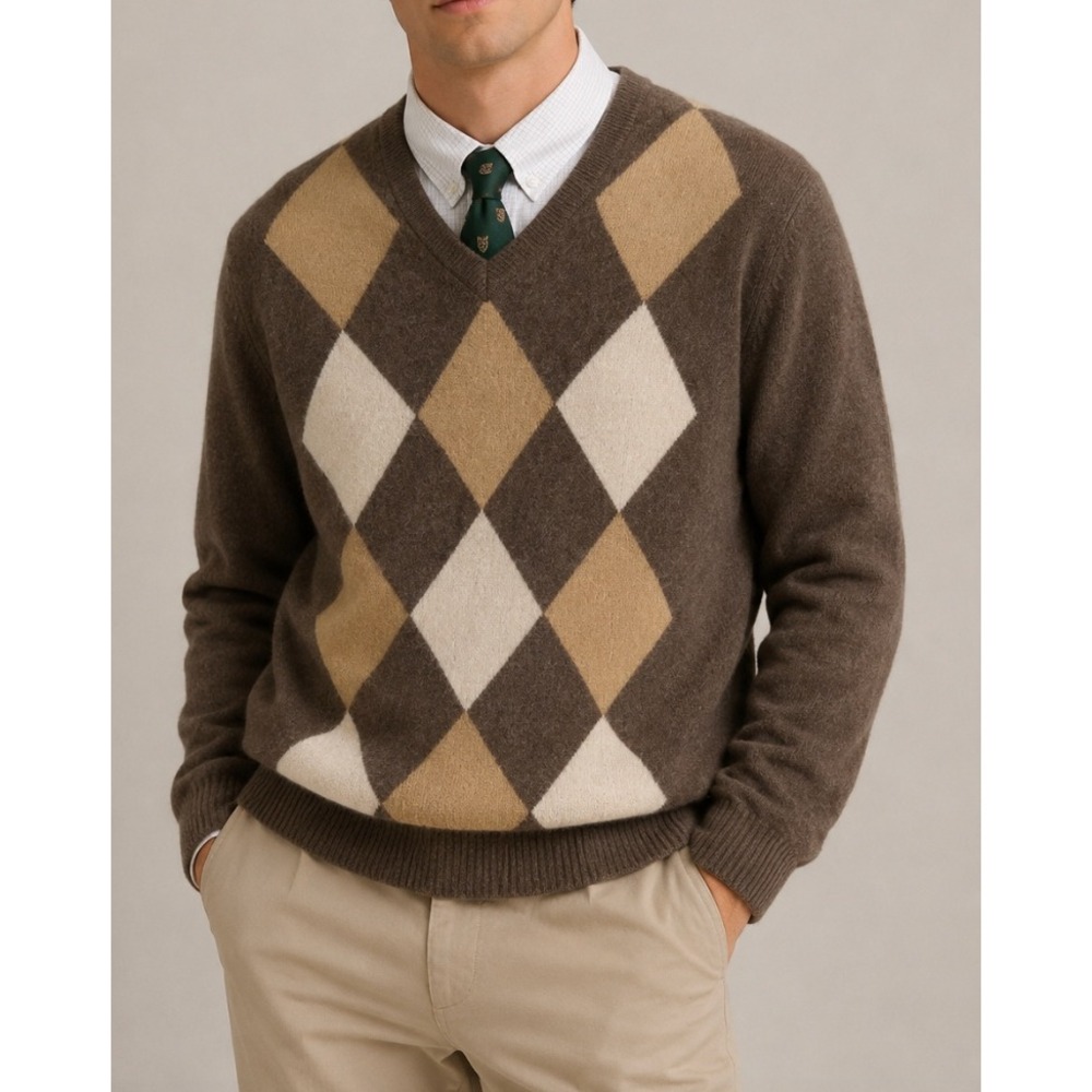 Tasso Elba Mens Brown Argyle 100% Cashmere V-Neck Sweater M Luxury Eclectic Golf
